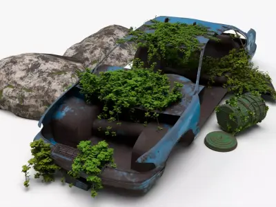 4K realistic low poly abandoned car recycle bin and rock Low-poly 3D model