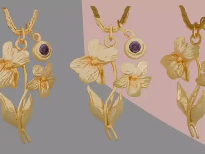 Elegant Gold Floral Pendant with Gem Low-poly 3D model