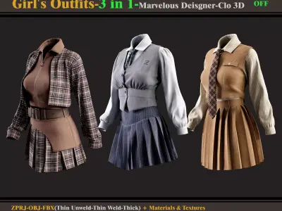 3 in 1 Girls Outfits- MD-Clo3d-OBJ - FBX -Materials-Textures 3D model