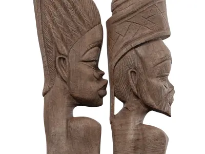 Wooden Tribal Couple Statue Set - African-Inspired Art 3D Model 3D model