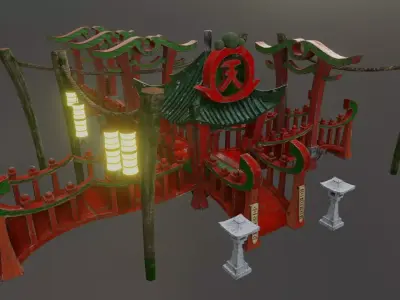 Modular Stylized Asian Bridge Low-poly 3D model