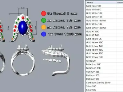 Modern Ring diamonds and central stone - Jewelery 3D - AN 658 3D print model