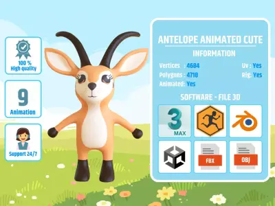 High-Quality 3D Cute Antelope - Animated for Games  Low-poly 3D model