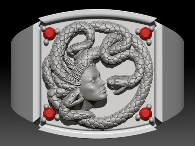 Medusa man ring Sculpture jewelry Gold silver 3D print model