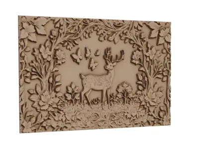 decor set wall panel deer relief mural CNC 55 3D model
