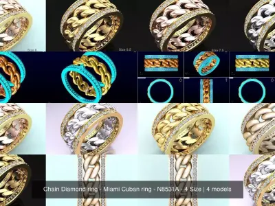 Chain Diamond ring - Miami Cuban ring - N8531A - 4 Size 3D Model Collection