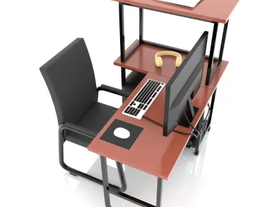 Desktop Computer Table and Chair Low Poly Low-poly 3D model