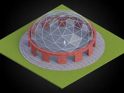 Dome with glass panels triangulated wire-frame steel structure 3D model