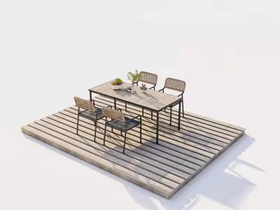 Modern Solid Wood Patio Table and Woven Texture Seating Low-poly 3D model
