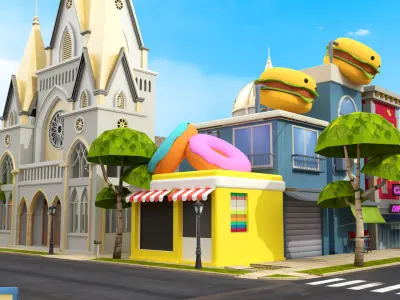 Cartoon City Street Scene 3D LowPoly Low-poly 3D model