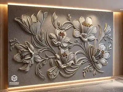 modern rose panel wall decor set relief stl mural CNC 309 3D model