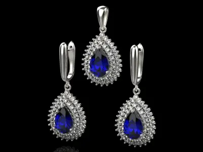 Set of earrings and pendant with sapphire 45 3D print model