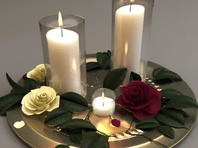 Decorative Set three candles and roses on tray Free 3D model