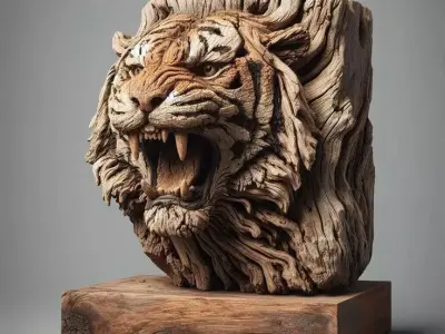 Wooden Tiger Head Sculpture Carved Tree Bark Animal 3D Low-poly 3D model