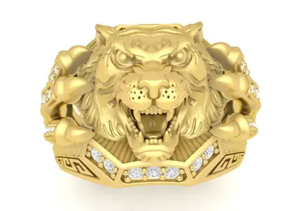 Tiger Head Ring with Diamond Accents 3D Model for Jewelry 3637 3D print model