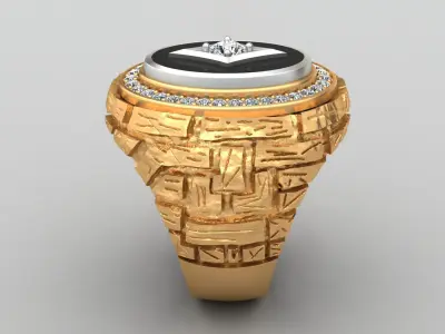 Stone Rock Wall Style Diamond Gold Man Signet Ring 3D print model