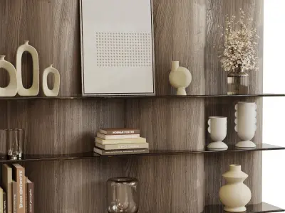 Partition Wave Wooden Shelves Decorative With Book and Plant 19  3D model