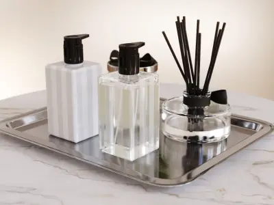 Set of exclusive cosmetics and perfumes on a metal tray 3D model