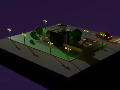 Low poly cafe city with street lights and car 3D model
