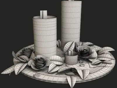 Decorative Set three candles and roses on tray Free 3D model