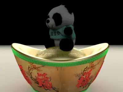 Chinese gold Ingot with panda doll    3D model
