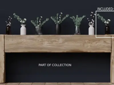 Cotton and Eucalyptus Branches Plant in Amber Glass Jar 3D model