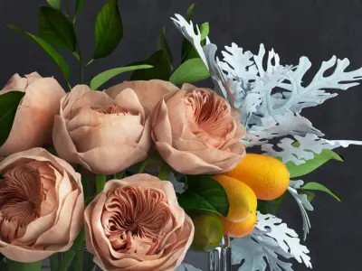 Bouquet of Austin Roses  Kumquat branches and Dusty Miller plant 3D model