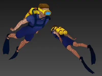 Diver animated Low-poly 3D model