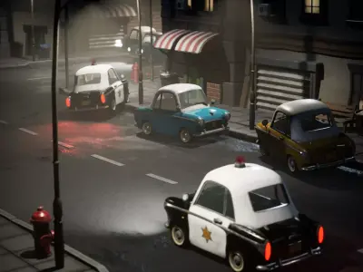 Stylish police car and small car architecture Low-poly 3D model