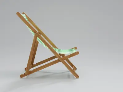 Wooden Folding Beach Chair with Green and White Striped Seat 3D model