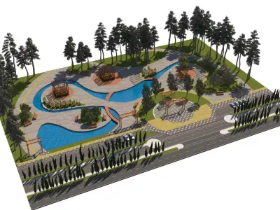 Dynamic Urban Park with Winding Water Features 3D Model Low-poly 3D model