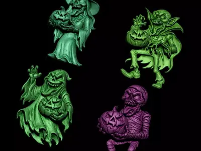 Halloween Monsters Set of 4 Charaters Bas relief 3D STL 3D print model