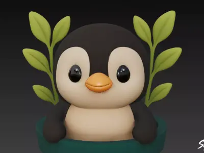 Penguin in Flower Pot Low-poly 3D model
