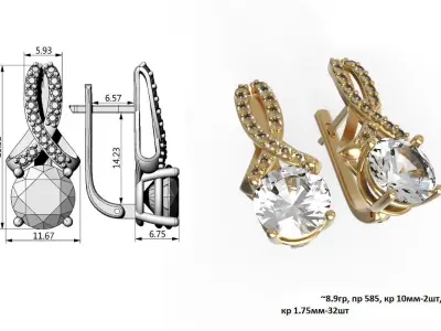 G0137 gold plated earrings with cubic zirconia 3D print model