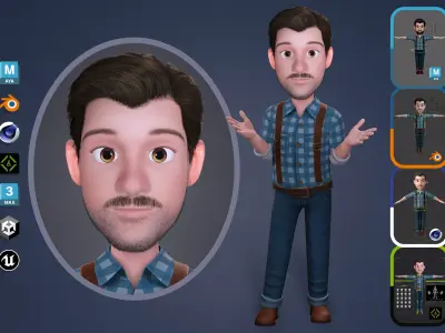 3D Stylized Cartoon Male Character Body and Facial Rig Model Low-poly 3D model