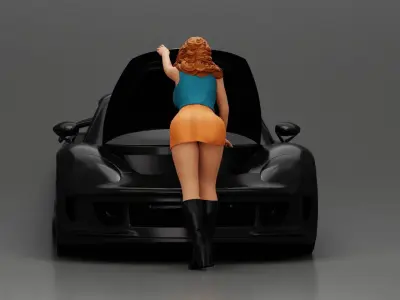 Woman in mini skirt Checking Under the Hood of a Sleek Car 3D print model