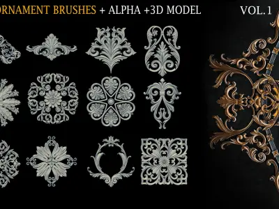 60 Ornament brushes and 3dmodel Low-poly 3D model