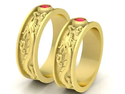 Luxury Dragon Phoenix Gemstone Band Ring Set 113 3D print model