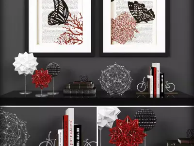 Decorative set-4 bookshelf with framed butterflies Low-poly 3D model