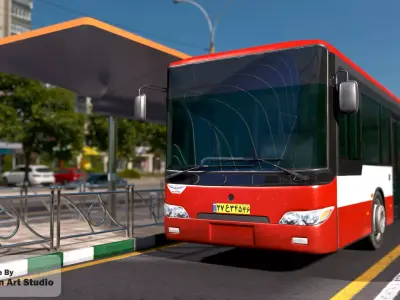  City Bus With interior and Bus Station Low-poly 3D model