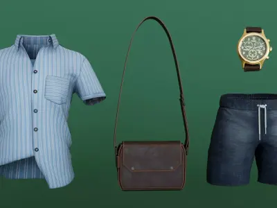 Chibi Boy Shirt shorts Snecker Blue Bag Brown  3D model