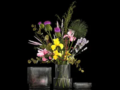 Bouquet of flowers branches thistles irises Ilex Lavender 356 3D model