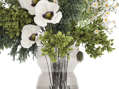 Bouquet Of Branches Green Leaves Poppy Flowers 462 3D model