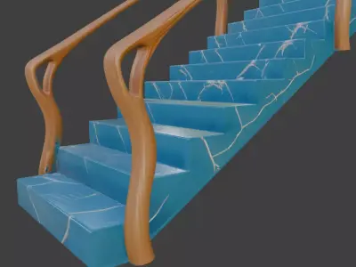 Blue Marble Staircase with Organic Wooden Handrails 3D model