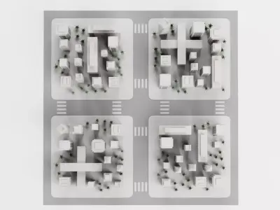 Paper City Block with Streets Low-poly 3D model