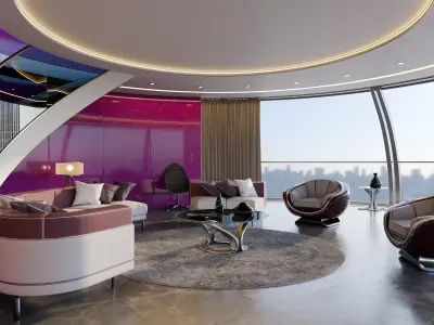 Modern Purple Living Room 3D Model 3D model