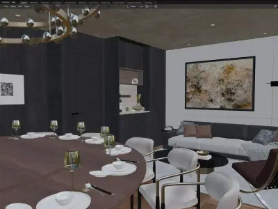 Luxury Private Dining Lounge with Round Table and Chandelier 3D model