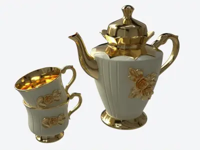 Teapot and Cups Decorated with Golden Flowers 3D model