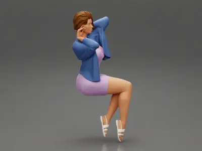 short hair woman in a dress sitting on a chair 3D print model