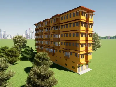 Realistic Building 3D model apartment in middle of field 3D model